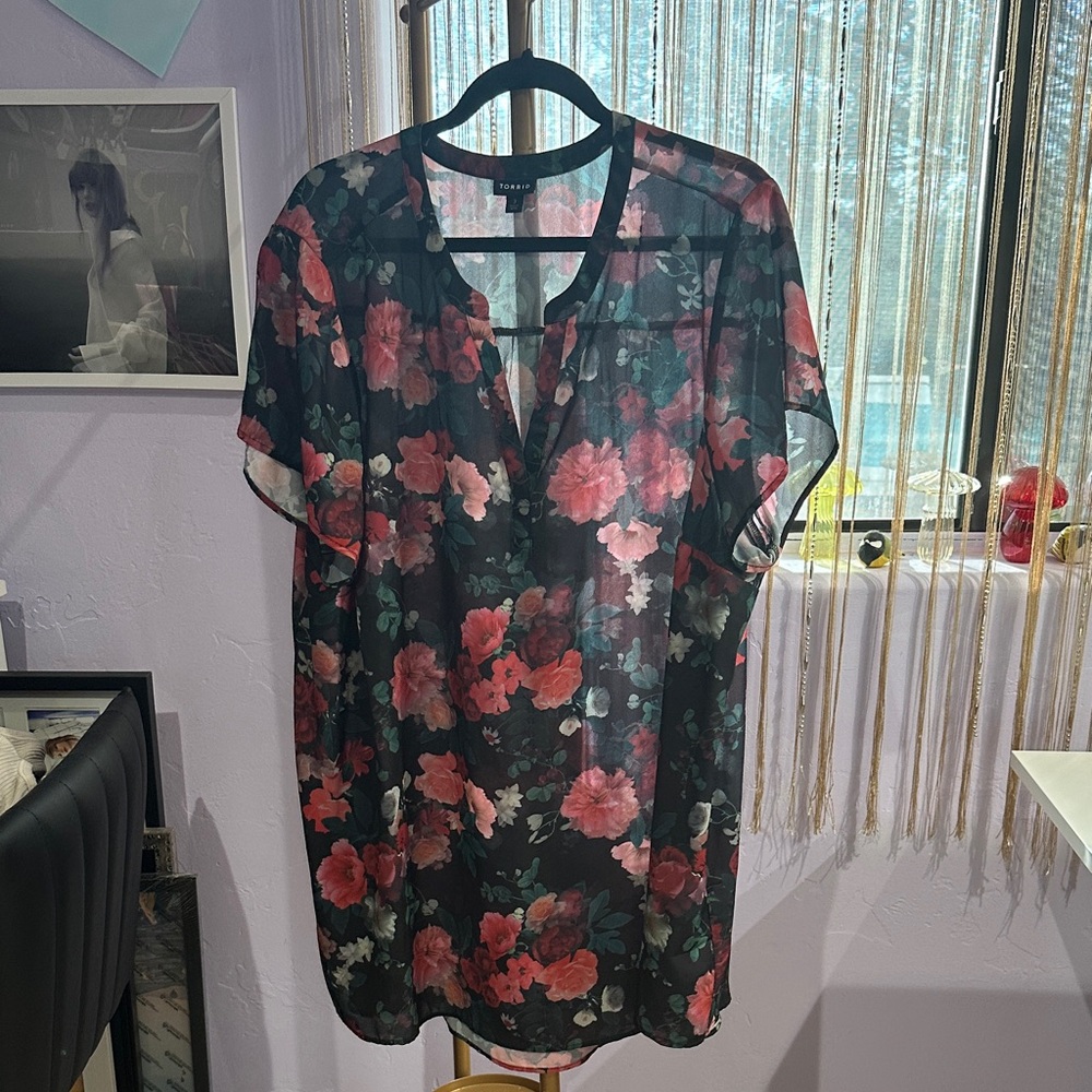 Torrid Black and Pink Floral Sheer Blouse